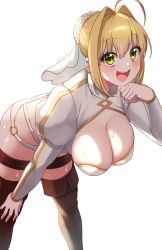 Rule 34 | 1girl, :d, ahoge, bikini, blonde hair, boudica (fate), boudica (fate) (cosplay), braid, breasts, cleavage, cosplay, fate/extra, fate/extra ccc, fate/grand order, fate (series), french braid, green eyes, hair bun, hair intakes, hand on own chin, hand on own knee, hanging breasts, highres, juliet sleeves, large breasts, leaning forward, long sleeves, looking at viewer, nero claudius (bride) (fate), nero claudius (fate), nero claudius (fate) (all), o-ring, o-ring bikini, o-ring bottom, o-ring top, open mouth, puffy sleeves, shrug (clothing), simple background, single hair bun, smile, solo, standing, sweat, swimsuit, thigh strap, white background, yayoi maka