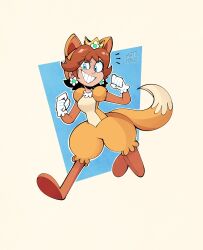 Rule 34 | 1girl, absurdres, alternate costume, animal costume, animal ears, blue eyes, breasts, brown hair, commentary, commission, crown, earrings, english commentary, full body, gloves, grin, highres, jewelry, looking at viewer, mario (series), matt froese, medium breasts, nintendo, open mouth, princess daisy, raccoon ears, raccoon tail, smile, solo, super mario 3d land, super mario land, tail, tanuki costume, tanuki suit, white gloves