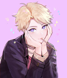 Rule 34 | 1boy, blonde hair, commentary, ensemble stars!, food in mouth, hands on own face, hands up, highres, long sleeves, looking at viewer, male focus, narukami arashi, pink background, pocky, pocky in mouth, purple eyes, riri (artist), short hair, solo, star (symbol), upper body