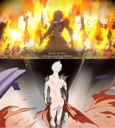 Rule 34 | 1boy, ahoge, armor, ass, cape, commentary, english commentary, english text, explosion, fire, from behind, game screenshot, gauntlets, granblue fantasy, granblue fantasy versus: rising, hair between eyes, highres, lucilius (granblue fantasy), male focus, meme, messy hair, red cape, short hair, shoulder armor, shoulder spikes, sketch, solo focus, spikes, torn clothes, vendobear, wardrobe malfunction, white hair