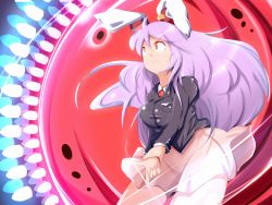 Rule 34 | 1girl, animal ears, blazer, breasts, collared shirt, commentary request, covered erect nipples, crescent, crescent pin, danmaku, earclip, finger gun, hip focus, impossible clothes, jacket, kikurage (sugi222), long hair, long sleeves, looking up, necktie, pink skirt, purple hair, rabbit ears, red eyes, red necktie, reisen udongein inaba, serious, shirt, skirt, skirt drape, solo, spell card, taut clothes, thighs, touhou, very long hair
