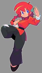 Rule 34 | 1girl, bacun, black footwear, blue eyes, braid, braided ponytail, breasts, chinese clothes, commentary, english commentary, fighting stance, full body, genderswap, genderswap (mtf), highres, looking at viewer, medium breasts, ranma-chan, ranma 1/2, red hair, saotome ranma, simple background, slippers, solo, standing, standing on one leg, tangzhuang