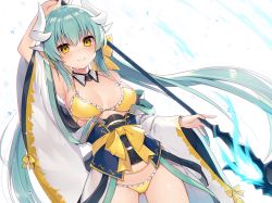 Rule 34 | aqua hair, arm up, armpits, bikini, blush, breasts, closed mouth, cowboy shot, detached collar, fate/grand order, fate (series), frill trim, frills, gluteal fold, horns, kiyohime (fate), kiyohime (fate/grand order), kiyohime (swimsuit lancer) (fate), long hair, medium breasts, muryotaro, obi, open clothes, polearm, sash, simple background, smile, solo, sweat, swimsuit, twintails, very long hair, weapon, white background, wide sleeves, yellow bikini, yellow eyes