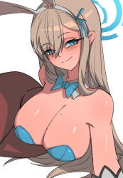 Rule 34 | 1girl, animal ears, asuna (blue archive), blonde hair, blue archive, blue bow, blue bowtie, blue eyes, blue leotard, bow, bowtie, breasts, brown pantyhose, cleavage, closed mouth, fake animal ears, halo, large breasts, leotard, long hair, looking at viewer, mole, mole on breast, pantyhose, rabbit ears, smile, smug, solo, white background, zakusi