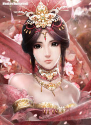 Rule 34 | 1girl, bad id, bad pixiv id, bare shoulders, brown eyes, brown hair, collarbone, flower, hair up, headdress, highres, jewelry, legend of the swordsman online, lips, looking at viewer, monkey buonarroti, necklace, signature, solo