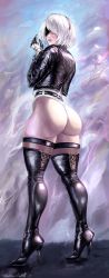 Rule 34 | 1girl, android, ass, black thighhighs, blindfold, boots, curvy, full body, gloves, hairband, high heel boots, high heels, highleg, highleg leotard, highres, huge ass, legs, leotard, lipstick, looking at viewer, looking back, makeup, nier (series), nier:automata, parted lips, short hair, stiletto boots, stiletto heels, thick thighs, thigh boots, thighhighs, thighhighs under boots, thighs, thong leotard, tuomashart, white hair, wide hips, 2b (nier:automata)