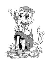Rule 34 | 1girl, animal ears, cat ears, cat girl, cat tail, chen, earrings, fang, female focus, fish, greyscale, hat, jewelry, kannazuki hato, monochrome, multiple tails, short hair, simple background, slit pupils, solo, stick, tail, touhou, white background