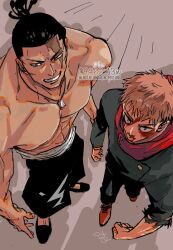 Rule 34 | 2boys, 9402 13w, arms at sides, black hair, from above, grin, itadori yuuji, jewelry, jujutsu kaisen, large pectorals, looking ahead, male focus, multiple boys, muscular, muscular male, necklace, pectorals, scar, scar across eye, short hair, side-by-side, sideburns, smile, standing, topless male, toudou aoi (jujutsu kaisen), undercut, walking