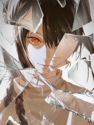 Rule 34 | 1girl, app filter, black hair, braid, chainsaw man, closed mouth, glass, hair over one eye, highres, long hair, looking at viewer, nayuta (chainsaw man), red eyes, ringed eyes, shattered, sidelocks, simple background, solo, sweater, turtleneck, uqi32, white background