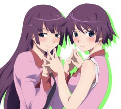 Rule 34 | 2girls, absurdres, bakemonogatari, bare arms, blue eyes, blush, breasts, closed mouth, collared shirt, commentary request, fingers together, hands up, highres, lips, long hair, long sleeves, looking at viewer, medium breasts, monogatari (series), multiple girls, naoetsu high school uniform, necktie, pink shirt, puffy sleeves, purple hair, school uniform, senjougahara hitagi, shadow, shirt, short hair, sidelocks, simple background, sleeves rolled up, smile, steepled fingers, ukjf5755, upper body, white background, yuri