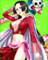 Rule 34 | 1girl, amazon lily, black hair, boa hancock, breasts, cape, cleavage, earrings, epaulettes, female focus, jewelry, long hair, midriff, navel, one piece, salome (one piece), skirt, skull, snake, solo
