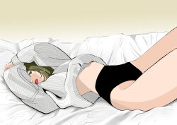 Rule 34 | 1girl, absurdres, arms up, bed sheet, black panties, brown hair, high-waist panties, highres, knees up, lipstick, looking to the side, lying, makeup, midriff, on bed, one eye covered, original, oversized clothes, oversized shirt, panties, red lips, sakamoto giulietta, shirt, solo, striped clothes, striped shirt, thighs, underwear