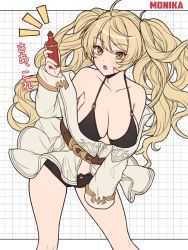 Rule 34 | 1girl, bandaid, bandaid on face, belt, bikini, bikini top only, black bikini, black shorts, blonde hair, breasts, character name, elixir, granblue fantasy, grid background, highres, large breasts, ll 0109, long hair, looking at viewer, monika weisswind, open mouth, shorts, solo, swimsuit, twintails, wavy hair, yellow eyes