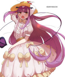 Rule 34 | 1girl, absurdres, alternate costume, arm above head, arm up, bat wings, blush, bow, bowtie, child, demon girl, demon tail, dress, fangs, feet out of frame, female focus, frilled dress, frills, hat, head wings, highres, long hair, looking at viewer, maou-jou de oyasumi, open mouth, puffy sleeves, purple hair, short hair, simple background, solo, standing, succyun, tail, tsukumo (pixiv44536358), very long hair, white background, white dress, wings, yellow bow, yellow bowtie, yellow eyes, yellow headwear