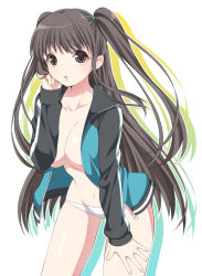 Rule 34 | 1girl, bad id, bad pixiv id, black hair, breasts, cleavage, hand on thigh, hattori masaki, jacket, long hair, navel, no bra, open clothes, open jacket, original, panties, solo, track jacket, twintails, two side up, underwear