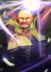 Rule 34 | 1boy, arm up, bald, belt, book, cape, commentary request, cowboy shot, energy ball, facial hair, feathers, fire emblem, fire emblem: radiant dawn, frown, gem, green cape, green eyes, holding, holding book, kokouno oyazi, looking at viewer, male focus, mustache, nintendo, oliver (fire emblem), ponytail, purple belt, purple shorts, red gemstone, red hair, serious, shorts, sideburns, solo