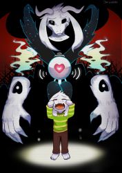 Rule 34 | 1boy, alternate form, artist name, asriel dreemurr, crying, dual persona, furry, furry male, heart, jarvis0201, monster boy, shirt, spoilers, striped clothes, striped shirt, sweater, undertale