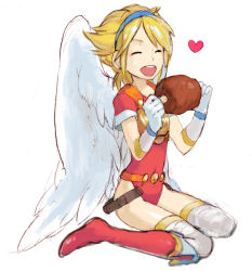 Rule 34 | 1girl, angel wings, blonde hair, boned meat, boots, breath of fire, breath of fire i, capcom, commentary request, elbow gloves, food, full body, gloves, hairband, knee boots, leotard, meat, nina (breath of fire i), red leotard, short hair, simple background, sitting, smile, solo, thighhighs, toisu, white background, white wings, wings