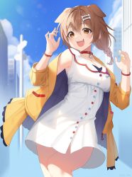 Rule 34 | 1girl, absurdres, animal ears, blue sky, blush, bone hair ornament, braid, breasts, brown eyes, brown hair, building, buttons, collar, contrapposto, dog ears, dog girl, dress, fangs, floating hair, hair ornament, hands up, highres, hololive, inugami korone, inugami korone (1st costume), jacket, jewelry, lens flare, long hair, looking at viewer, medium breasts, nail polish, open mouth, outdoors, paw pendant, pendant, red collar, red wristband, short dress, single bare shoulder, sky, smile, solo, stu diho, thighs, twin braids, virtual youtuber, white dress, yellow jacket, yellow nails