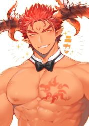 Rule 34 | 1boy, abs, bara, bare pectorals, bow, bowtie, chest tattoo, collarbone, dark skin, dark-skinned male, detached collar, horns, hozu (hozumi), ifrit (housamo), large pectorals, male focus, muscular, nipples, pectorals, pointy ears, red hair, short hair, smile, solo, spiked hair, tattoo, tokyo houkago summoners, upper body, yellow eyes