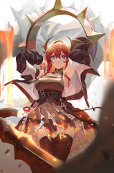 Rule 34 | 1girl, absurdres, arknights, armpits, arms up, belt, belt buckle, black bow, black dress, black jacket, black thighhighs, bow, breasts, buckle, burnt clothes, collarbone, dress, fire, hair between eyes, highres, horns, huge filesize, jacket, long hair, long sleeves, looking at viewer, medium breasts, open clothes, open jacket, parted lips, purple eyes, red hair, ryu (yanagi), smile, solo, standing, surtr (arknights), thighhighs, zettai ryouiki