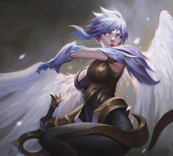 Rule 34 | 1girl, angel wings, blue eyes, breasts, cleavage, closed mouth, dao trong le, dawnbringer riven, feathered wings, glowing, glowing eyes, highres, league of legends, lips, looking at viewer, medium breasts, nose, red lips, riven (league of legends), short hair, solo, standing, sword, weapon, white hair, white wings, wings