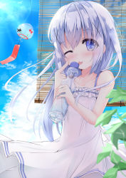 Rule 34 | 1girl, ;p, animal print, bare arms, bare shoulders, blue eyes, blue sky, blurry, blush, bottle, cloud, commentary request, cowboy shot, day, depth of field, dress, finger to face, fish print, gochuumon wa usagi desu ka?, hair ornament, highres, holding, holding bottle, kafuu chino, kouda suzu, leaf, long hair, looking at viewer, one eye closed, plant, ramune, silver hair, sky, sleeveless, sleeveless dress, smile, solo, sundress, sunlight, tongue, tongue out, white dress, wind chime, x hair ornament