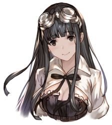 Rule 34 | 1girl, black eyes, black hair, blunt bangs, blush, breasts, cleavage, closed mouth, goggles, goggles on head, granblue fantasy, jessica (granblue fantasy), lialight, long hair, looking at viewer, medium breasts, sidelocks, simple background, smile, solo, upper body, white background