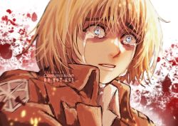 Rule 34 | 1boy, armin arlert, blonde hair, blood, blood splatter, blue eyes, close-up, commentary, commentary request, commission, crying, crying with eyes open, english commentary, hair between eyes, highres, male focus, mixed-language commentary, oishiichuii, paradis military uniform, sad, shingeki no kyojin, short hair, solo, streaming tears, tears, teeth, white background