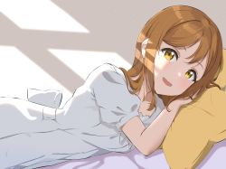 Rule 34 | 1girl, artist name, artist request, back bow, bed, blouse, blush, bow, breasts, brown eyes, brown hair, collarbone, dress, dress shirt, female focus, hair between eyes, hair over shoulder, head on pillow, highres, indoors, kunikida hanamaru, light brown hair, long hair, looking at viewer, love live!, love live! sunshine!!, miniskirt, on bed, parted lips, pillow, plaid, plaid skirt, pleated, pleated skirt, shirt, skirt, small breasts, smile, solo, star-shaped pillow, sunlight, white bow, white shirt, white skirt, yellow eyes