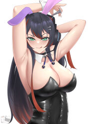 Rule 34 | 1girl, :p, absurdres, animal ears, armpits, arms up, artist name, black hair, black leotard, blush, breasts, cleavage, commentary, detached collar, dynorz, fake animal ears, green eyes, highres, large breasts, leotard, licking lips, looking at viewer, mika melatika, multicolored hair, nail, nail hair ornament, nijisanji, nijisanji id, playboy bunny, rabbit ears, red hair, simple background, solo, strapless, strapless leotard, tongue, tongue out, two-tone hair, upper body, virtual youtuber, white background, wrist cuffs