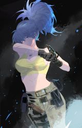 Rule 34 | 1girl, armlet, bare shoulders, belt, black background, blue eyes, blue hair, breasts, camouflage, camouflage pants, closed mouth, cofffee, crop top, dog tags, gloves, large breasts, leona heidern, long hair, navel, pants, ponytail, simple background, sleeveless, tank top, the king of fighters, the king of fighters xiv, the king of fighters xv, toned, yellow tank top