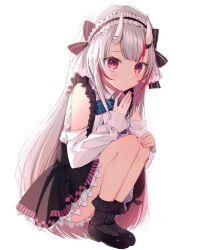 Rule 34 | 1girl, absurdres, backlighting, blush, commentary request, full body, grey hair, hairband, highres, hololive, horns, ineka ka, lolita hairband, long hair, long sleeves, looking at viewer, multicolored hair, nakiri ayame, nakiri ayame (girly), official alternate costume, red eyes, red hair, skin-covered horns, solo, squatting, streaked hair, virtual youtuber, white background
