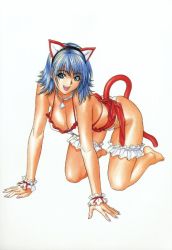 Rule 34 | 1girl, all fours, animal ears, blue eyes, blue hair, bow, breasts, cat ears, cat tail, cleavage, collar, inoue takuya, matching hair/eyes, nail polish, pink nails, smile, solo, tail