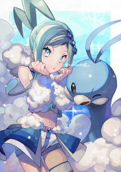 Rule 34 | 1girl, altaria, arm warmers, blush, closed mouth, commentary request, creatures (company), game freak, gen 3 pokemon, green eyes, green hair, hair ornament, hands up, lisia (pokemon), long hair, looking at viewer, navel, nintendo, overskirt, pokemon, pokemon (creature), pokemon oras, shorts, shorts under skirt, sidelocks, single thighhigh, thighhighs, yamanashi taiki