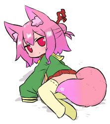Rule 34 | 1girl, :&lt;, alternate hair color, animal ear fluff, animal ears, blush, borrowed character, brown collar, closed mouth, collar, commentary request, fox ears, fox girl, fox tail, full body, green shirt, hair between eyes, kemomimi-chan (naga u), long sleeves, no shoes, original, pink hair, pleated skirt, red eyes, red skirt, ribbon-trimmed legwear, ribbon trim, sailor collar, shadow, shirt, skirt, sleeves past fingers, sleeves past wrists, solo, star (symbol), tail, thighhighs, white background, yellow sailor collar, yellow thighhighs