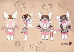 Rule 34 | 1other, animal ears, brown hair, character sheet, claws, concept art, ears through headwear, full body, furry, hair between eyes, heart, helmet, highres, hikky, long hair, looking at viewer, mokuri, multicolored hair, multiple views, navel, pink hair, sketch, tail, translation request, tsukushi akihito, watermark, wavy mouth, whiskers, white hair, yellow eyes