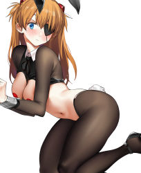 Rule 34 | 1girl, animal ears, black bodysuit, black footwear, blue eyes, blush, bodysuit, bound, bound wrists, breasts, duct tape, eyepatch, fake animal ears, fake tail, hair ornament, heart pasties, high heels, highres, long hair, looking at viewer, medium breasts, meme attire, nakamura rohane, navel, neon genesis evangelion, orange hair, pasties, rabbit ears, rabbit tail, rebuild of evangelion, revealing clothes, reverse bunnysuit, reverse outfit, shoes, shrug (clothing), simple background, solo, souryuu asuka langley, tail, two side up, white background
