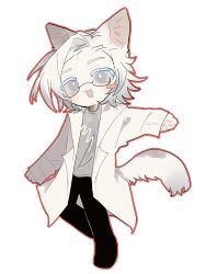 Rule 34 | 1boy, :3, absurdres, animal ears, black pants, blue eyes, blush stickers, bright pupils, cat boy, cat ears, cat tail, chinese commentary, colored eyelashes, commentary request, fang, full body, furrification, furry, furry male, grey shirt, highres, kanou aogu, lab coat, long sleeves, male focus, open mouth, outline, pants, pawpads, red outline, saibou shinkyoku, shirt, short hair, smile, solo, tail, white pupils, yiquan (xinjinjumin0562607)