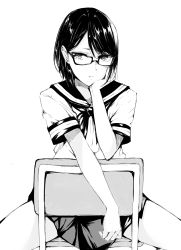 Rule 34 | 1girl, absurdres, chair, head rest, commentary request, ear piercing, earrings, flat (joppin karu!), glasses, greyscale, highres, jewelry, looking at viewer, monochrome, neckerchief, original, piercing, pleated skirt, sailor collar, school chair, school uniform, serafuku, short hair, simple background, sitting, sitting backwards, skirt, solo, spread legs, white background