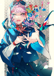 Rule 34 | 1girl, absurdres, blue eyes, blue jacket, blue skirt, border, bright pupils, chain-link fence, commentary request, fence, flower, flower request, highres, hood, hood up, hooded jacket, jacket, kaf (kamitsubaki studio), kamitsubaki studio, looking at viewer, multicolored eyes, mura karuki, nemophila (flower), official art, open mouth, outstretched hand, pink hair, pleated skirt, red eyes, red flower, red tulip, short hair, skirt, smile, solo, tulip, upper body, virtual youtuber