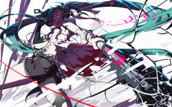 Rule 34 | 1girl, 39, aqua hair, artist name, bandaged arm, bandages, belt, breasts, broken glass, butt crack, chain, commentary request, elbow gloves, from below, from side, glass, gloves, glowing, glowing eyes, hatsune miku, highres, holding, long hair, looking at viewer, microphone, open mouth, pink eyes, qys3, revision, short shorts, shorts, signature, single elbow glove, single thighhigh, small breasts, solo, thighhighs, torn clothes, torn gloves, torn thighhighs, twintails, underboob, very long hair, vocaloid, weapon