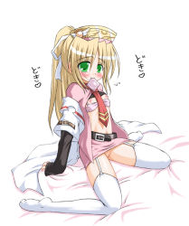 Rule 34 | 1girl, atlus, bed, blonde hair, blush, condom, condom in mouth, condom wrapper, etrian odyssey, flat chest, garter belt, green eyes, inasaki shirau, lingerie, medic (sekaiju), mouth hold, necktie, no panties, open clothes, open shirt, ponytail, shirt, solo, thighhighs, underwear
