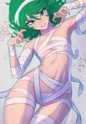 Rule 34 | 1girl, absurdres, bandages, cowboy shot, curly hair, curvy, daniel deves, flat chest, gluteal fold, green eyes, green hair, grey background, halloween costume, hands up, highres, looking at viewer, mummy costume, naked bandage, navel, one-punch man, short hair, simple background, sketch, smile, solo, tatsumaki, thigh gap, wide hips