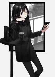 Rule 34 | 1girl, black coat, black eyes, black hair, black leggings, cellphone, coat, coffee cup, cup, disposable cup, female focus, highres, holding, holding phone, leaning on table, leggings, open mouth, original, phone, scarf, smartphone, solo, table, watch, wristwatch, xxxsoiu1