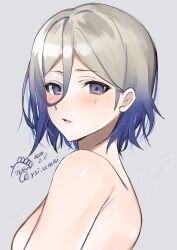 Rule 34 | 1girl, blue hair, blush, breasts, dated, grey background, grey hair, hair between eyes, highres, jean bart (kancolle), kantai collection, looking at viewer, medium breasts, mole, mole under eye, multicolored hair, nude, one-hour drawing challenge, parted lips, purple eyes, short hair, simple background, solo, toriniku senshi chikinman, twitter username, upper body