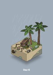 Rule 34 | beach, bird, boat, boulder, commentary request, crab, diorama, food, fruit, gozz, grey background, highres, isometric, lying, on side, original, palm leaf, palm tree, shelter, shipwreck, skull, sleeping, sos, treasure chest, tree, watercraft