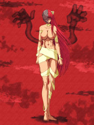 Rule 34 | 1girl, abs, angry, bandages, breasts, cleavage, diclonius, elfen lied, full body, helmet, highres, horns, large breasts, long hair, looking at viewer, lucy (elfen lied), metalmasato, monster girl, muscular, muscular female, nipples, pink hair, red eyes, revealing clothes, sagging breasts, solo, standing, thick thighs, thighs, topless, vectors, very long hair