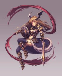 Rule 34 | 1girl, :o, armor, armored boots, blonde hair, boots, breasts, brown eyes, fantasy, framed breasts, full body, garter straps, gauntlets, gogatsu no renkyuu, gradient background, head wings, holding, holding shield, holding sword, holding weapon, knee up, long hair, looking at viewer, medium breasts, original, pauldrons, shield, shoulder armor, sidelocks, single pauldron, solo, sword, teeth, thighhighs, weapon, wings