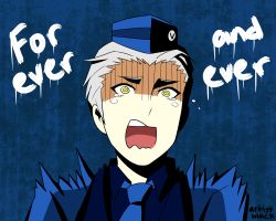 Rule 34 | 1boy, artist black, artist name, crying, grey hair, hat, male focus, necktie, open mouth, parody, persona, persona 3, persona 3 portable, solo, the shining, theodore (persona), yellow eyes